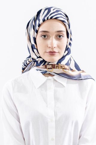 Dg14827 İpek Eşarp Zebra Desen Twill Kumaş - Lacivert