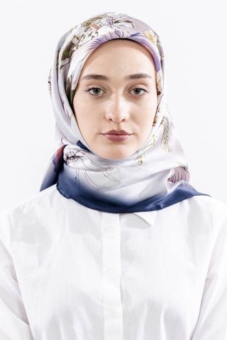 Dg14828 İpek Eşarp Çiçek Dalı Twill Kumaş - Ekru Lacivert