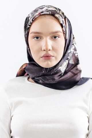 Dg14828 İpek Eşarp Çiçek Dalı Twill Kumaş - Siyah Kırmızı