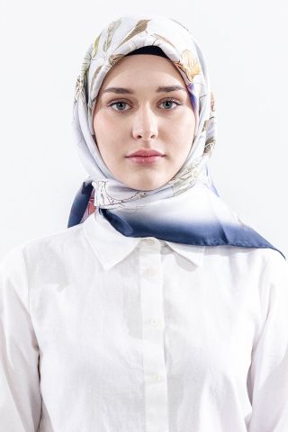 Dg14828 İpek Eşarp Sura Kumaş Çiçek Dalı - Ekru Lacivert