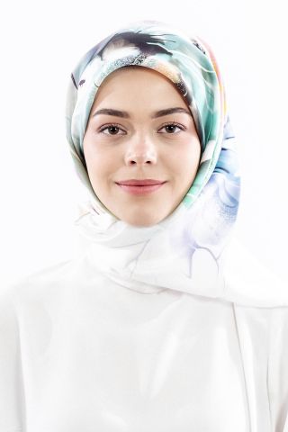 Dg18318 İpek Eşarp Geniş Çiçek Twill Kumaş - Taş