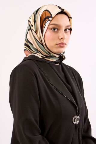 Dg18321 İpek Eşarp Çizgi Desen Sura Kumaş - Siyah Bej