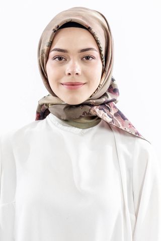Dg18335 İpek Eşarp Çiçek Twill Kumaş - Haki