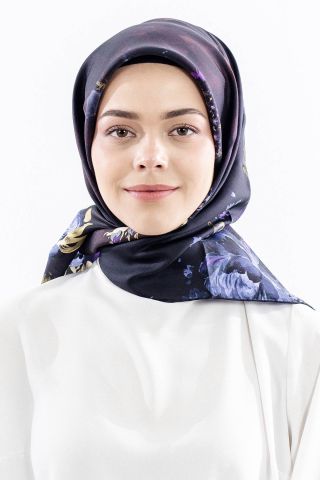 Dg18335 İpek Eşarp Çiçek Twill Kumaş - Siyah