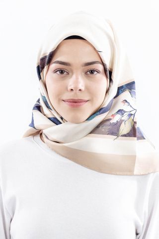 Dg18337 İpek Eşarp Çizgili Çiçek Twill Kumaş - Bej