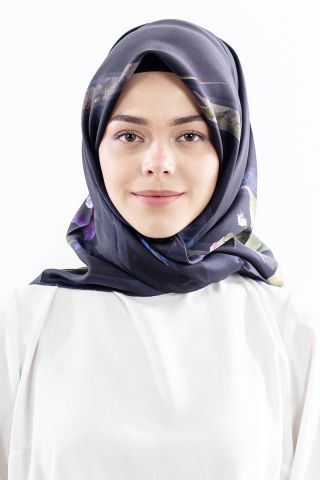 Dg18337 İpek Eşarp Çizgili Çiçek Twill Kumaş - K Lacivert