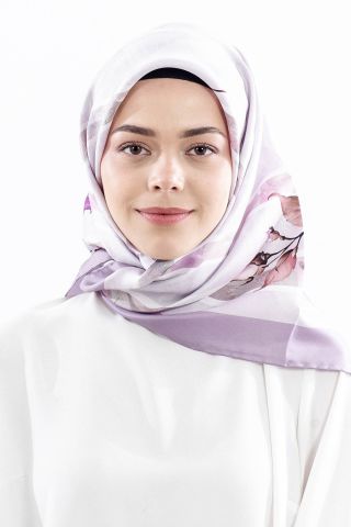 Dg18337 İpek Eşarp Çizgili Çiçek Twill Kumaş - Lila