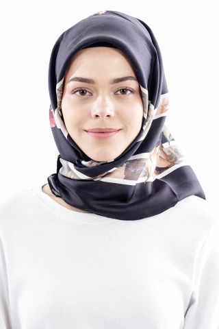 Dg18337 İpek Eşarp Çizgili Çiçek Twill Kumaş - Siyah Taş