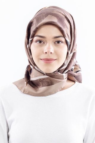 Dg18337 İpek Eşarp Çizgili Çiçek Twill Kumaş - Vizon