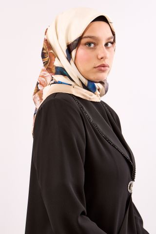 Dg18337 İpek Eşarp Twill Kumaş Çizgi Çiçek Desen - Bej