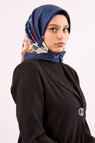 Dg18337 İpek Eşarp Twill Kumaş Çizgi Çiçek Desen - K Lacivert