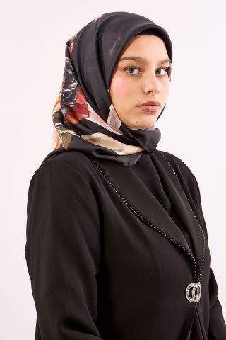 Dg18337 İpek Eşarp Twill Kumaş Çizgi Çiçek Desen - Siyah