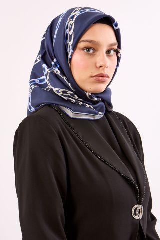 Dg18338 İpek Eşarp Twill Kumaş Zincir Desen - Lacivert Gri