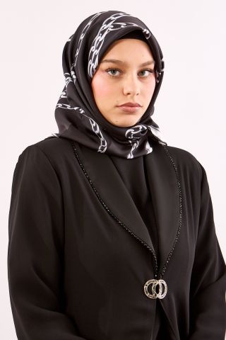 Dg18338 İpek Eşarp Twill Kumaş Zincir Desen - Siyah Gri