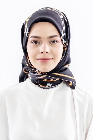 Dg18338 İpek Eşarp Zincir Twill Kumaş - Siyah Gold
